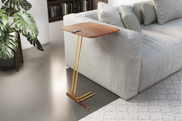 Mesa de Apoio para Sofá Soft Couro Marrom Base Dourada - Castanho - 1