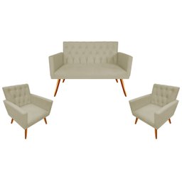 Kit Namoradeira + 2 Poltronas Decorativa Nina Capitonê Couro Bege Pés Madeira Mz Decor - 1