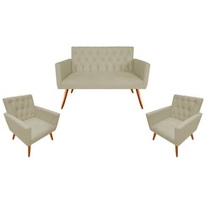 Kit Namoradeira + 2 Poltronas Decorativa Nina Capitonê Couro Bege Pés Madeira Mz Decor