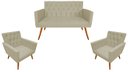 Ver imagem 1 de Kit Namoradeira + 2 Poltronas Decorativa Nina Capitonê Couro Bege Pés Madeira Mz Decor
