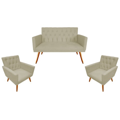 Kit Namoradeira + 2 Poltronas Decorativa Nina Capitonê Couro Bege Pés Madeira Mz Decor