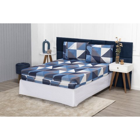 Capa Colchão Queen 30cm + Fronhas Protetor com Zíper Malha Gel Grossa Estampa 26 Azul