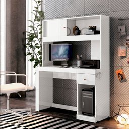 Mesa para Computador e Estante com Gaveta e Nicho Joya Branco - 1 Mesa para Computador e Estante com Gaveta e Nicho Joya Branco - 1