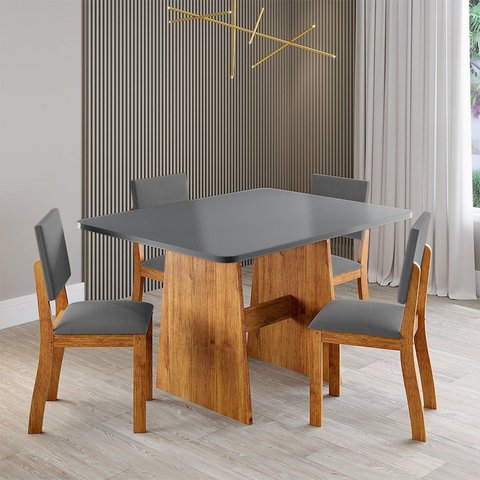 Conjunto de Sala de Jantar 4 Lugares Bari com Mesa MDF e Cadeiras Estofadas Mel e Cinza