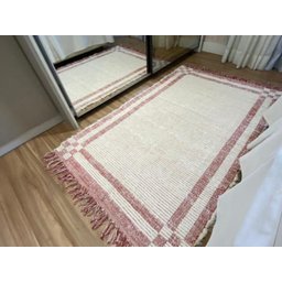 Tapete Beira de Cama Dupla Face com Franja 80x160cm: Vermelho e Cru - 2