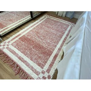 Tapete Beira de Cama Dupla Face com Franja 80x160cm: Vermelho e Cru