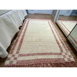 Tapete Beira de Cama Dupla Face com Franja 80x160cm: Vermelho e Cru - 4