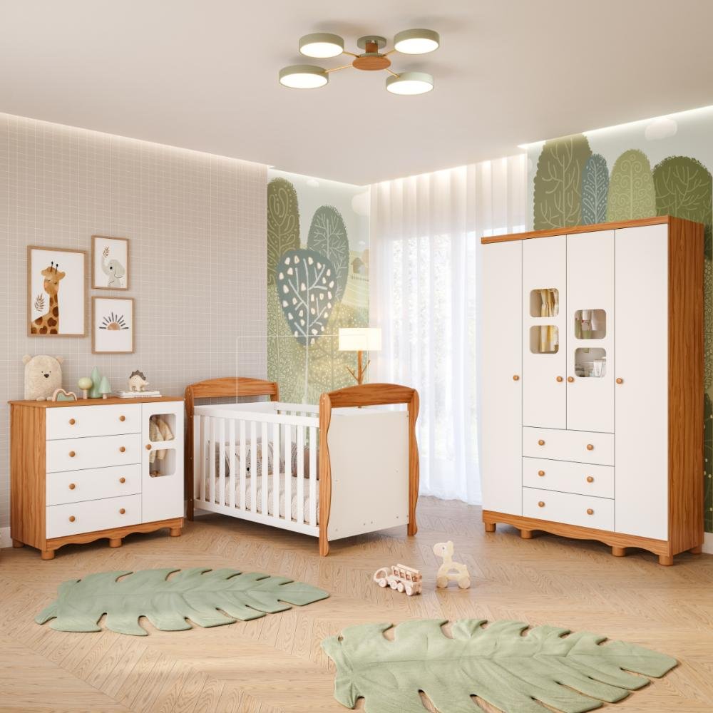 Quarto Bebê Completo Berço Americano Marquesa 3 em 1 Guarda Roupa 4 Portas Cômoda Uli 100%mdf