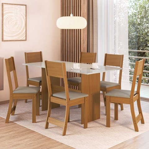Conjunto Sala de Jantar Mesa Tampo de Madeira Fidelitá Siena com 6 Cadeiras Freijó/Off-White/Bege