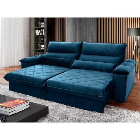Sofá Retrátil/Reclinável Grécia 2,50m Suede Velut Azul Marinho Marinho c/ Molas no Assento - King Ho