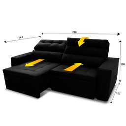 Sofá Retrátil/Reclinável Arizona 2,30m Suede Velut Preto - King House - 2