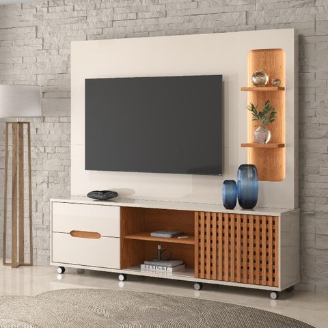 Estante Home Brise para Tv até 70 Polegadas 1 Porta Correr 2 Gavetas e Rodízio Off White/jequitibá -