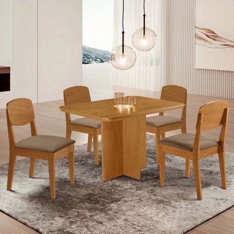 Conjunto Sala de Jantar Mesa Moscou Tampo 120cm Canto Copo de MDF e 4 Cadeiras Cleo Yescasa