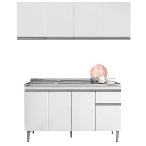 Balcão de Pia Tatiane 145 Cm e Armário Aéreo Andréia 4 Portas 160 Cm Branco Brilho - Ajl