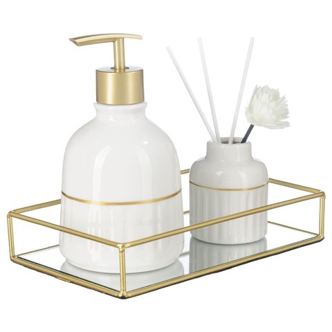 Kit Lavabo Banheiro Bandeja Espelhada Difusor Dispenser Luxo