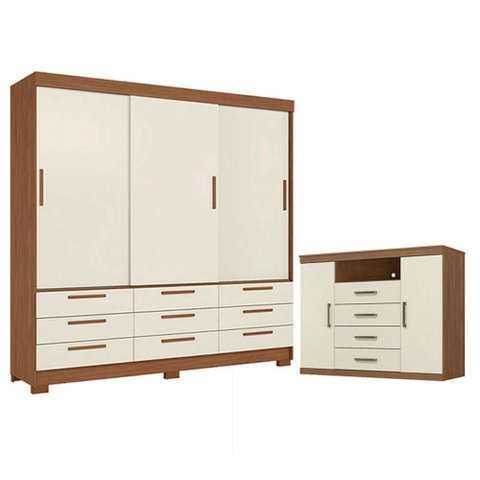 Guarda Roupa Casal 3 Portas 9 Gavetas Morretes e Cômoda Havana Master Jatobá Areia - Santos Andir