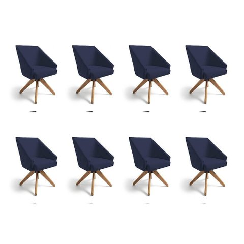 Kit 8 Poltronas Giratórias Alana Suede Azul Marinho Base de Madeira - Pallazio