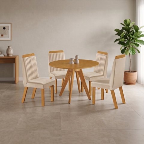 Conjunto Sala de Jantar Mesa Liz Tampo Amadeirado 4 Cadeiras Riviera Castanho Cinamomo/Creme