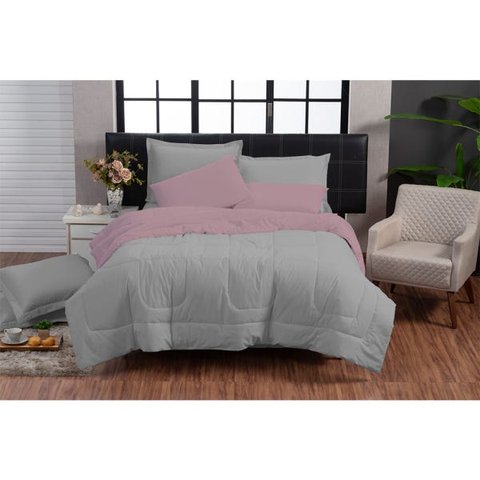 Kit Edredom 200 Fios Italiano 100% Algodão 6 Peças Dupla Face Casal Queen Casa Dona Cinza Rosa