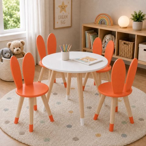 Conjunto Coelho Mesa 4 Cadeiras Infantil Pintura PU:Laranja