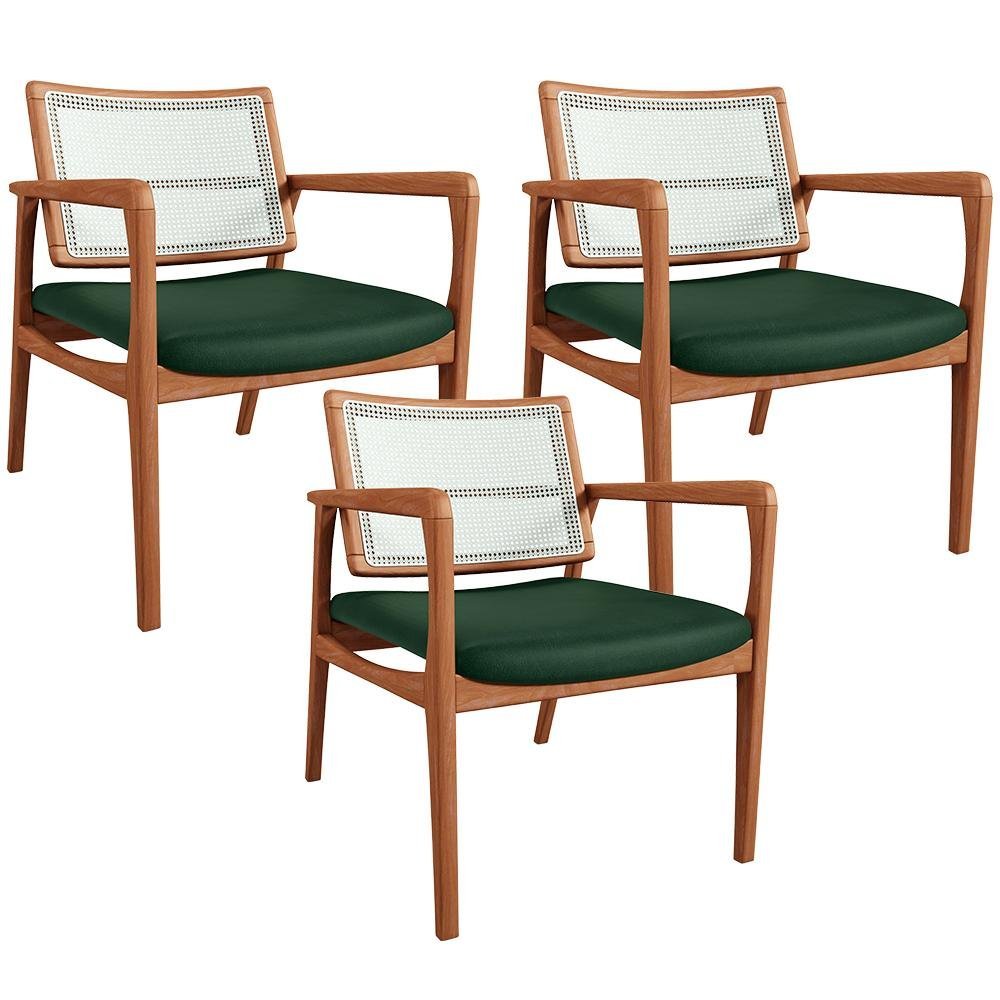 Kit 03 Poltronas Decorativa Sala Estar Madeira Tela Sintética Tropea L02 Facto Verde Musgo - Lyam - 1