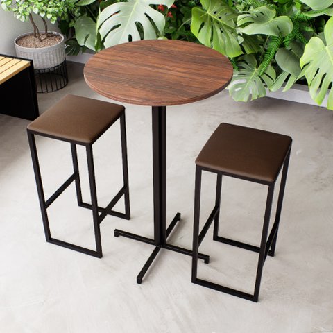 Conjunto Mesa Alta Bar Bistrô Redonda Imbuia 2 Bancos Estofado Don Castro Decor