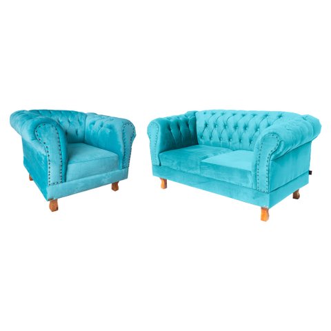 Conjunto Sofá Namoradeira Chesterfield Capitone Suede Tiffany Decorativa / Sala, Tv, Estar, Recepção