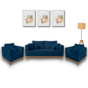 Conjunto de Sofá Beny 3 Peças Azul Marinho, 1 Sofá 1,80m e 2 Poltronas, Tecido Linho.