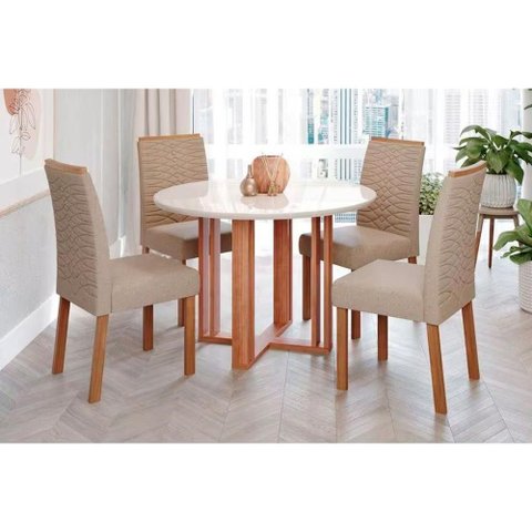 Conjunto: Mesa Sala Jantar Flora C/ Tampo Madeirado C/ Vidro 109cm e 4 Cadeiras Clarice Cinamomo/off