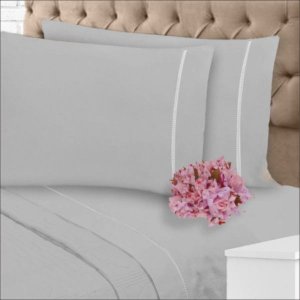 Jogo de Lençol 400 Fios Toque Suave e Macio Ponto Palito Cama Queen 3 Peças Prata Casa Dona