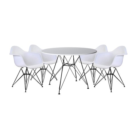 Mesa Sala de Jantar Eames Eiffel Redonda 90cm Branca com 4 Poltronas Brancas Ferro Preto