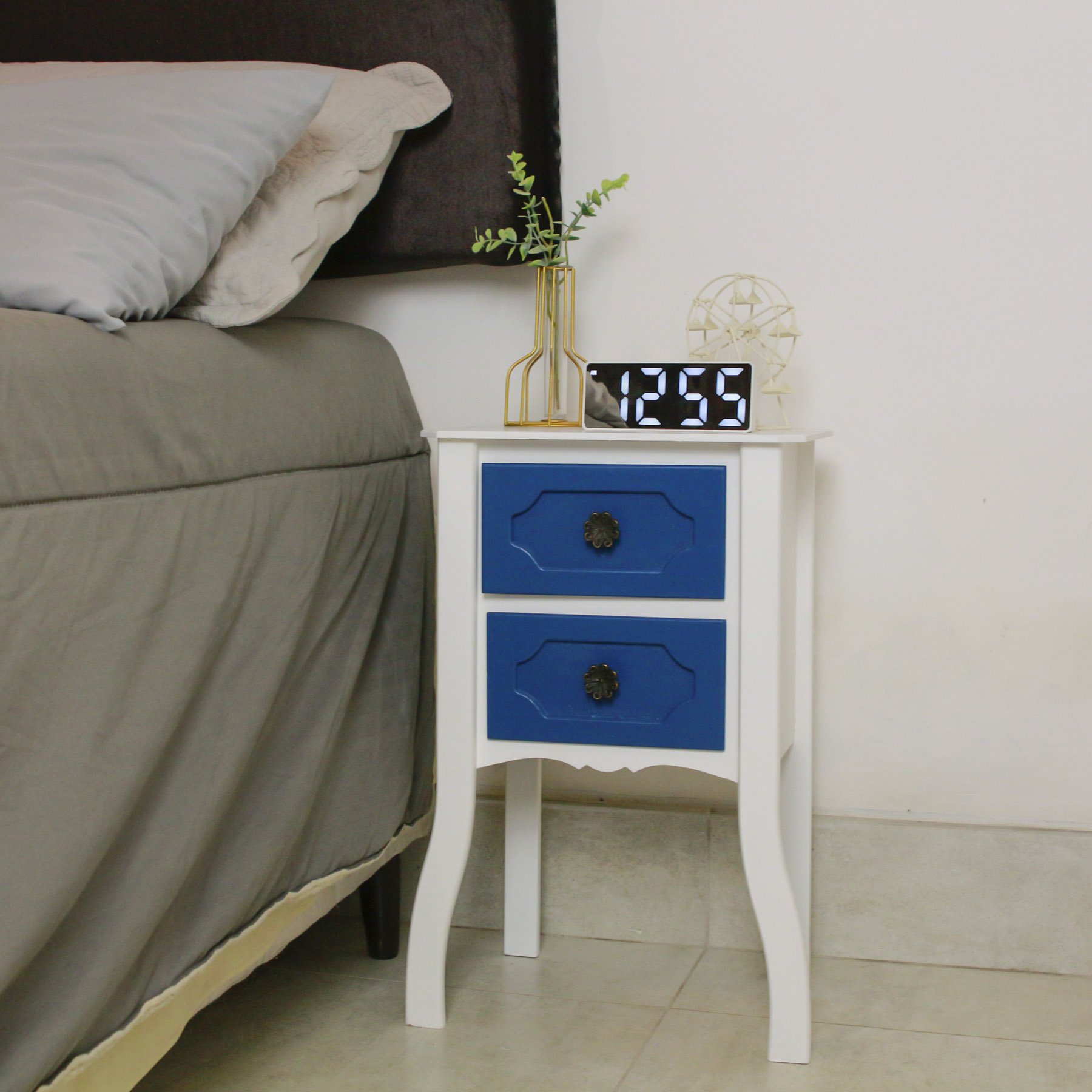 Mesa de Cabeira Armário Gaveteiro Retro Mesa de Cabeceira 2 Gavetas Dupétriz Azul de Cama Rustico Me - 9