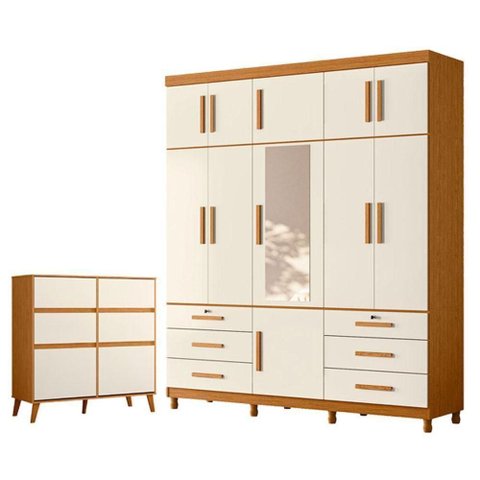 Guarda Roupa Casal Triton Plus 11 Portas Basculantes com Espelho e Cômoda Sapateira MDP Cinamomo