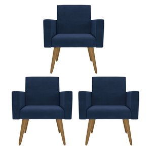Kit 3 Poltronas Nina Premium: Suede/azul-marinho