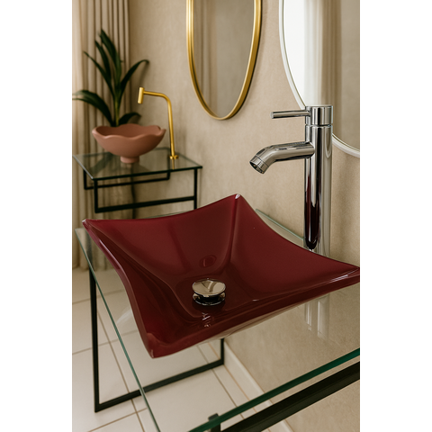 Kit Banheiro Cuba de Vidro + Misturador Inox + Válvula Click:vinho