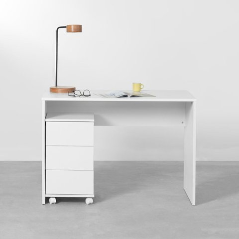 Conjunto Office - Bancada Contemporânea Slim Branco 1,10 + Gaveteiro Contemporâneo Slim 3 Gavetas Br