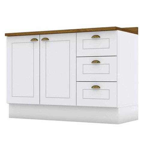 Balcão Pia 2 Portas e 3 Gavetas 120cm Americana Branco com Tampo Nature - Móveis Henn Branco-