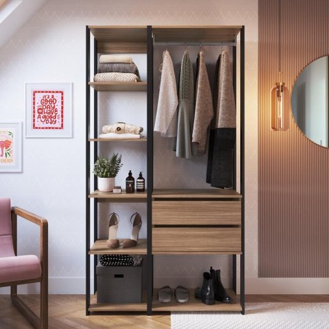 Guarda-Roupa Closet Modulado com 2 Gavetas 100cm Multimóveis Crpro-CLO005 Preto/Madeirado