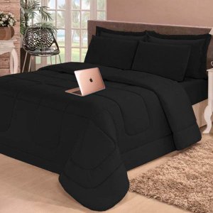 Kit Edredom Aconchego Casa Dona Dupla Face Casal Queen 6 Pçs com Lençol Preto