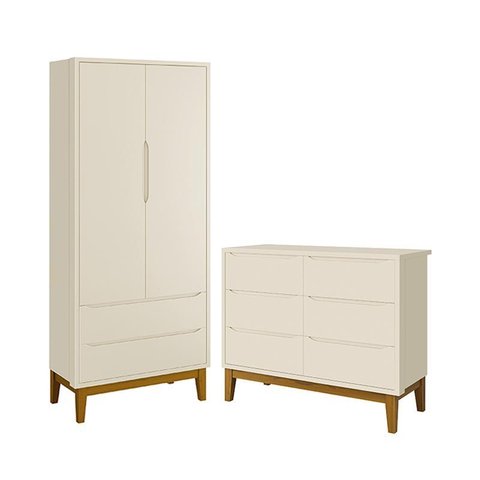 Jogo de Quarto Infantil Classic Guarda Roupa 2 Portas e Cômoda 6 Gavetas Areia Fosco com Pés