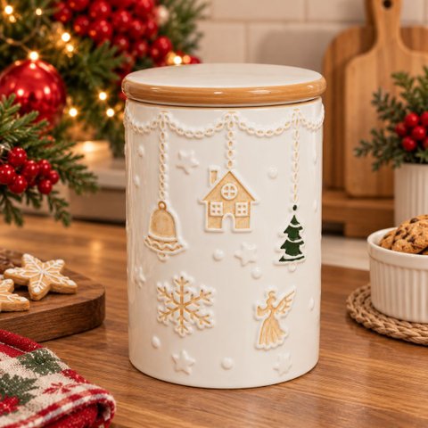 Potiche Decorativo Natal Dolomita com Tampa 1700ml Branco Bege Vedação Silicone - Master Christmas