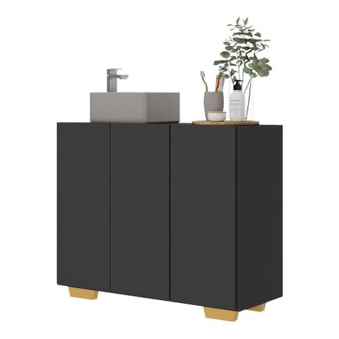 Gabinete Banheiro 3 Portas 90Cm Multimóveis V5031 Preto/Natural Preto/Natural