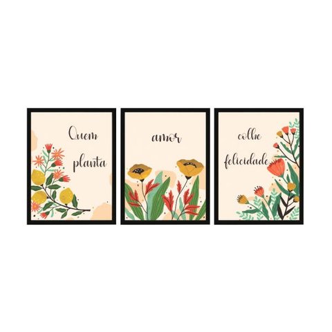 KIT Quadro Decorativo 3 pçs Frase Plantas Flores Floral Sala