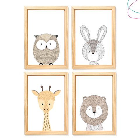 4 Quadro Decoração Animais Escandinavos 33x43 com Vidro:pinus