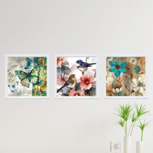 Conjunto Quadro Decorativo Moldura Pássaro Borboleta Quarto