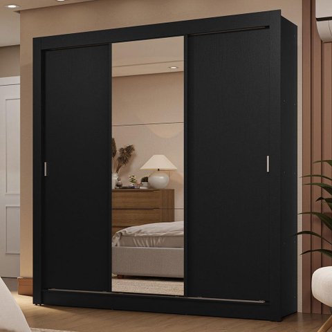 Guarda-roupa Casal 3 Portas de Correr com Espelho 2 Gavetas Preto Sublime Madesa