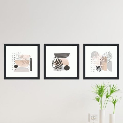 KIT Quadros Decorativos Moldura Geométrico Folhas Quarto