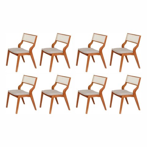 Kit 8 Cadeiras Madeira Maciça Estofada e Rattan 100% Natural Luna Espresso Móveis Marrom/Champagnhe/Cinza Claro