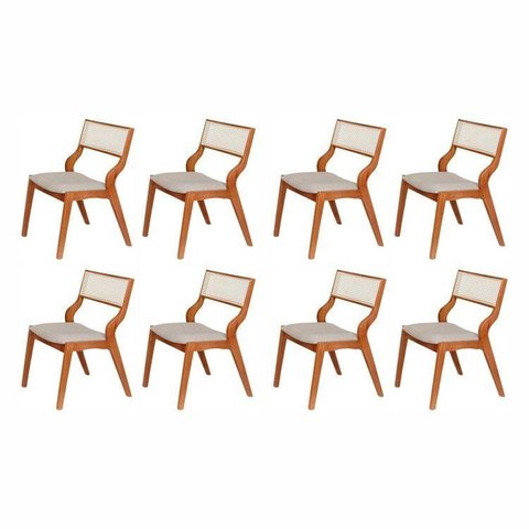 Kit 8 Cadeiras de Jantar Luna Madeira Maciça com Rattan Natural e Braços Curvos Espresso Móveis