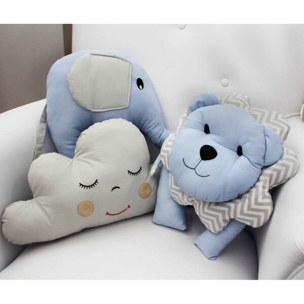 Conjunto Almofadas Decorativas Enxoval Bebê Nuvem Leão Elefante - Chevron Azul
